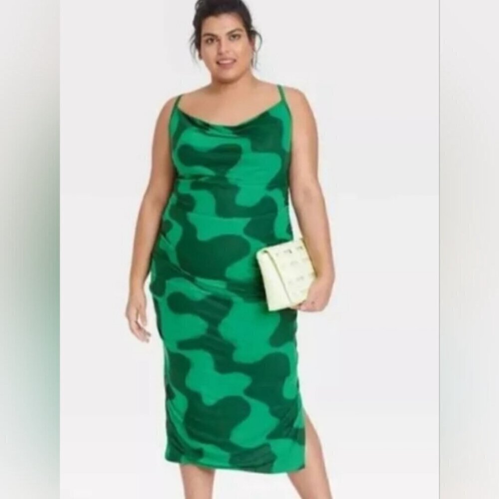 Ava & Viv SZ 2X  Green Abstract Print Midi Slip Dress Mod Maximalism Modern Y2K